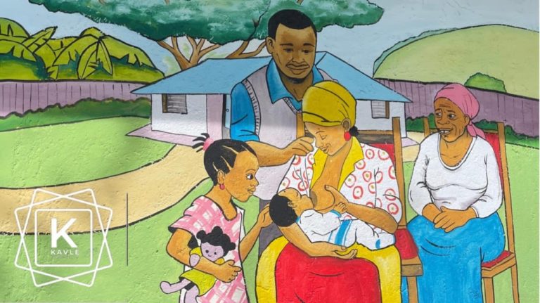 Drawn image showing family of five (grandmother, father, mother, child, and infant) outside a house, gathered around mother who is breastfeeding the infant.