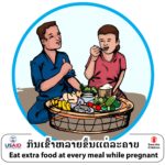 Cover of the Integrated Nutrition and WASH Small Doable Actions Tool, featuring "Eat extra food at every meal while pregnant" and a cartoon of two people eating while sitting on the floor